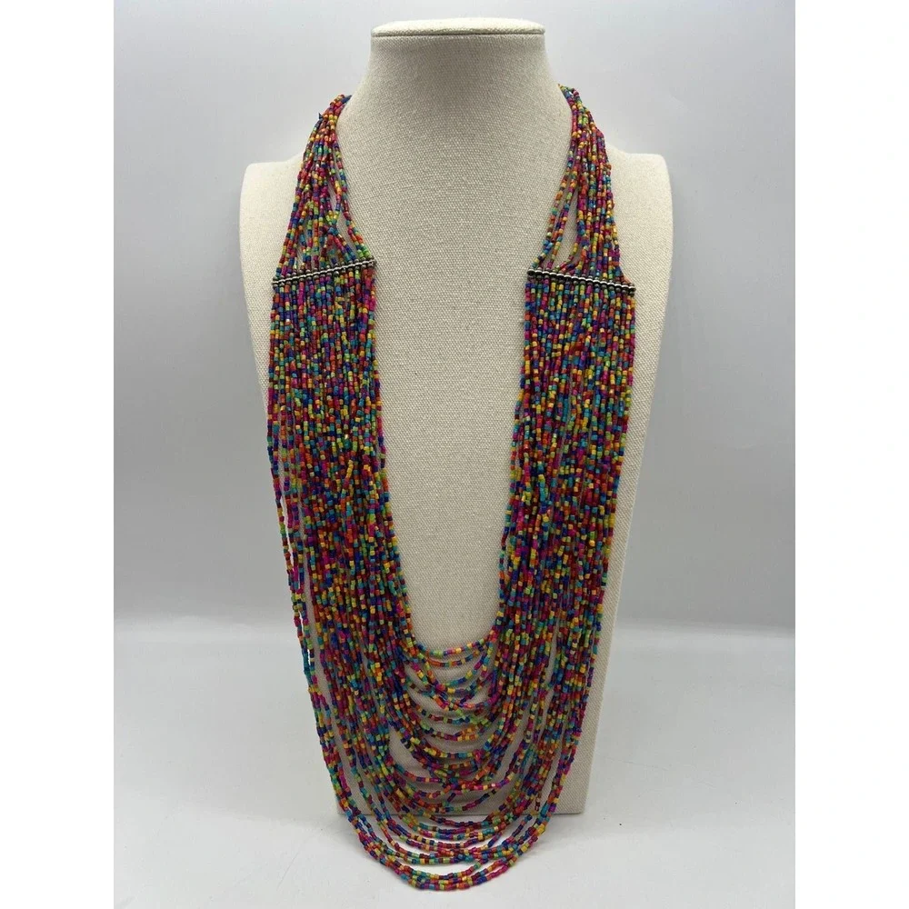 Colorful Multi Strand Cube Bead Statement Necklace‎ Rainbow Festival Boho